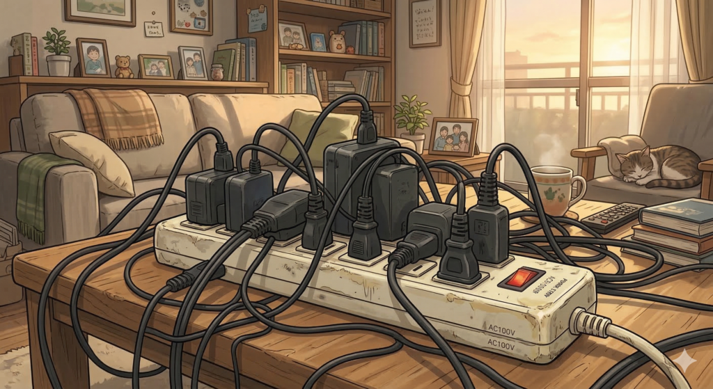 たくさんのプラグが刺さった古い電源タップの画像