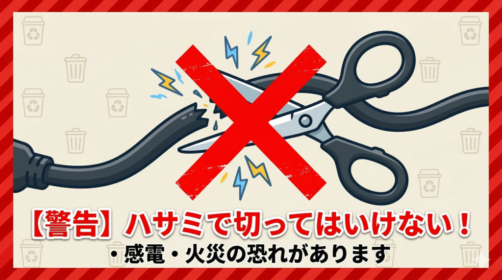 ハサミでコードを切ってはいけないことを示すバツ印のついた警告