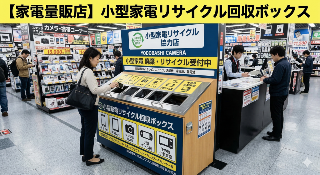 家電量販店の小型家電リサイクル回収ボックスの画像