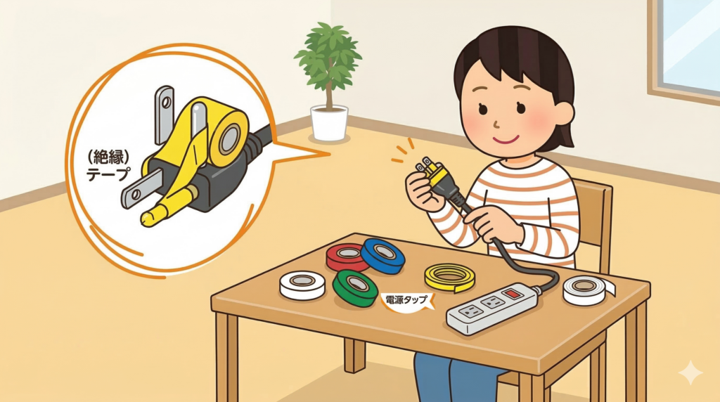 プラグの金属部分にビニールテープを巻いて絶縁処理をしている