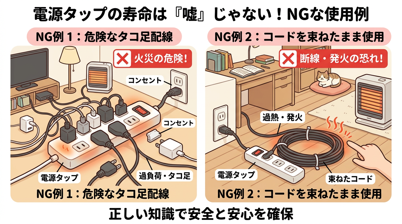危険なタコ足配線とコードを束ねたまま使用しているNG例の画像