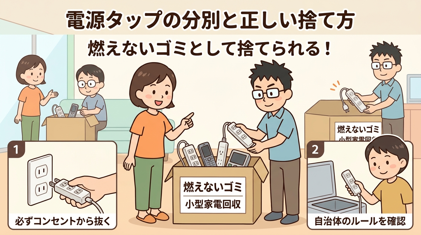 燃えないゴミとして捨てられる電源タップのイメージ画像