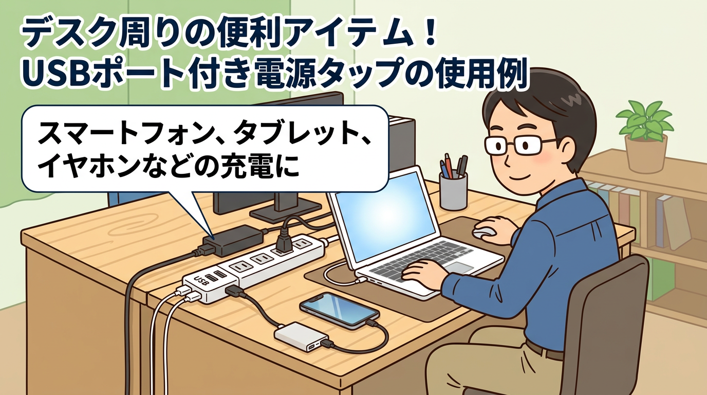 デスク周りでのUSBポート付き電源タップの使用風景