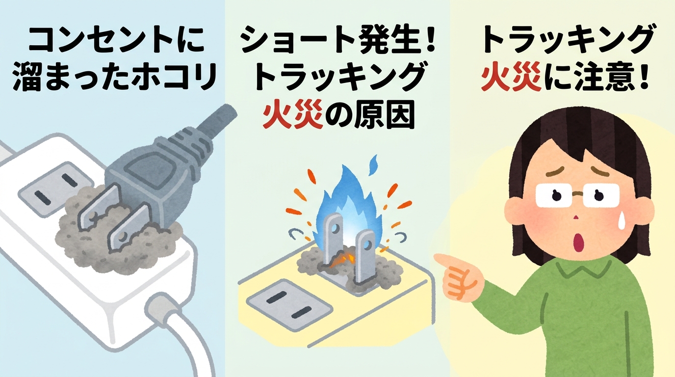 コンセントに溜まったホコリとトラッキング火災のイメージ画像