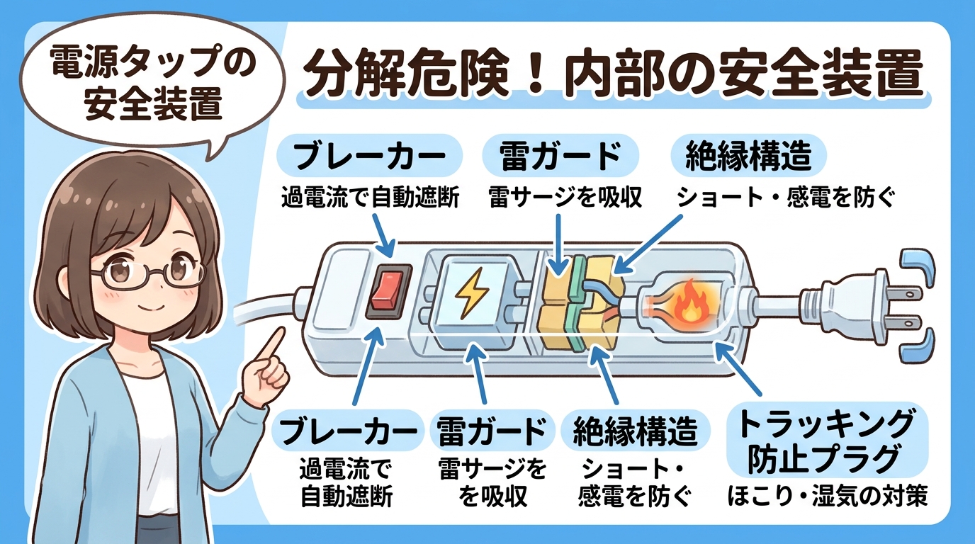 電源タップのブレーカーや雷ガードなどの安全装置の画像