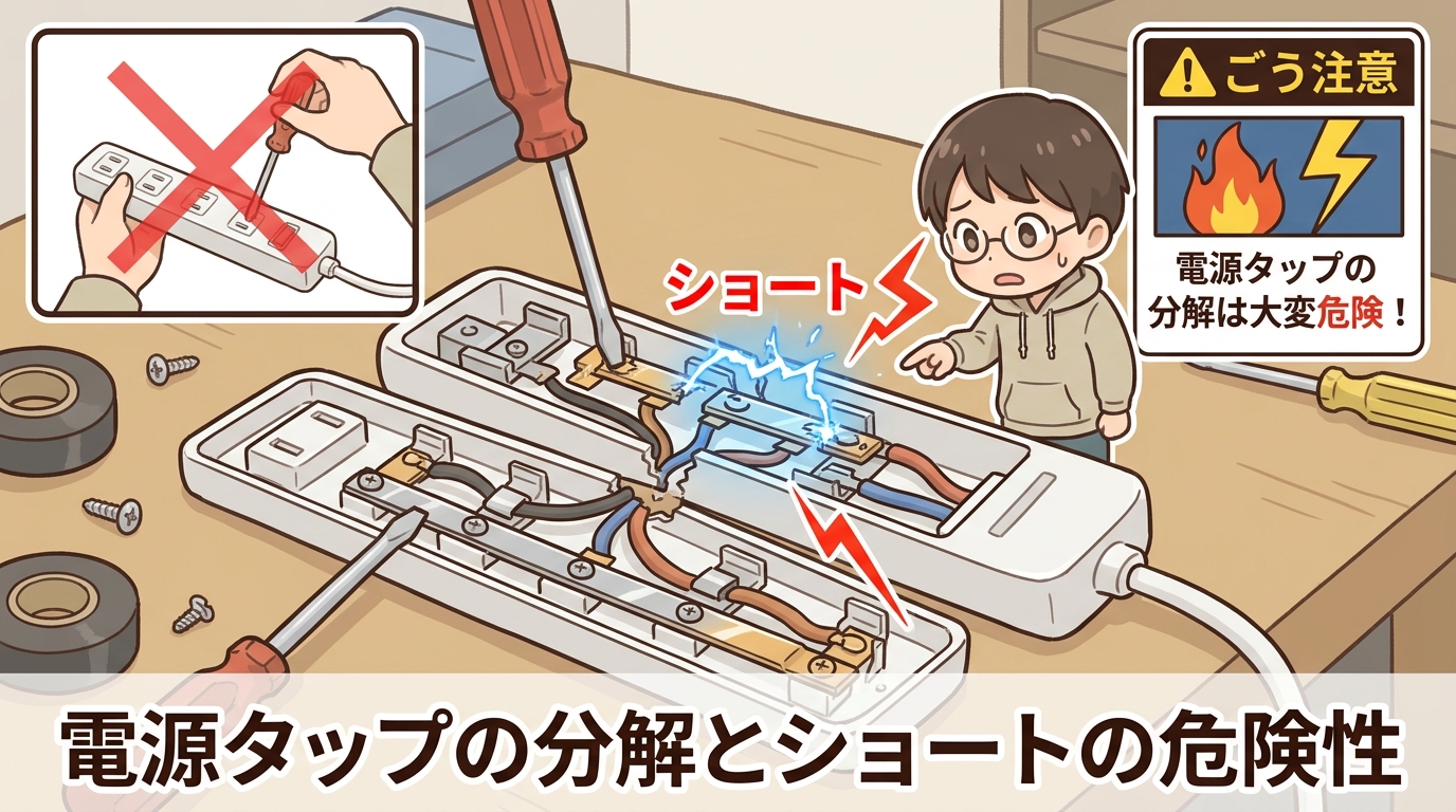 分解された電源タップとショートの危険性を示すイメージ画像