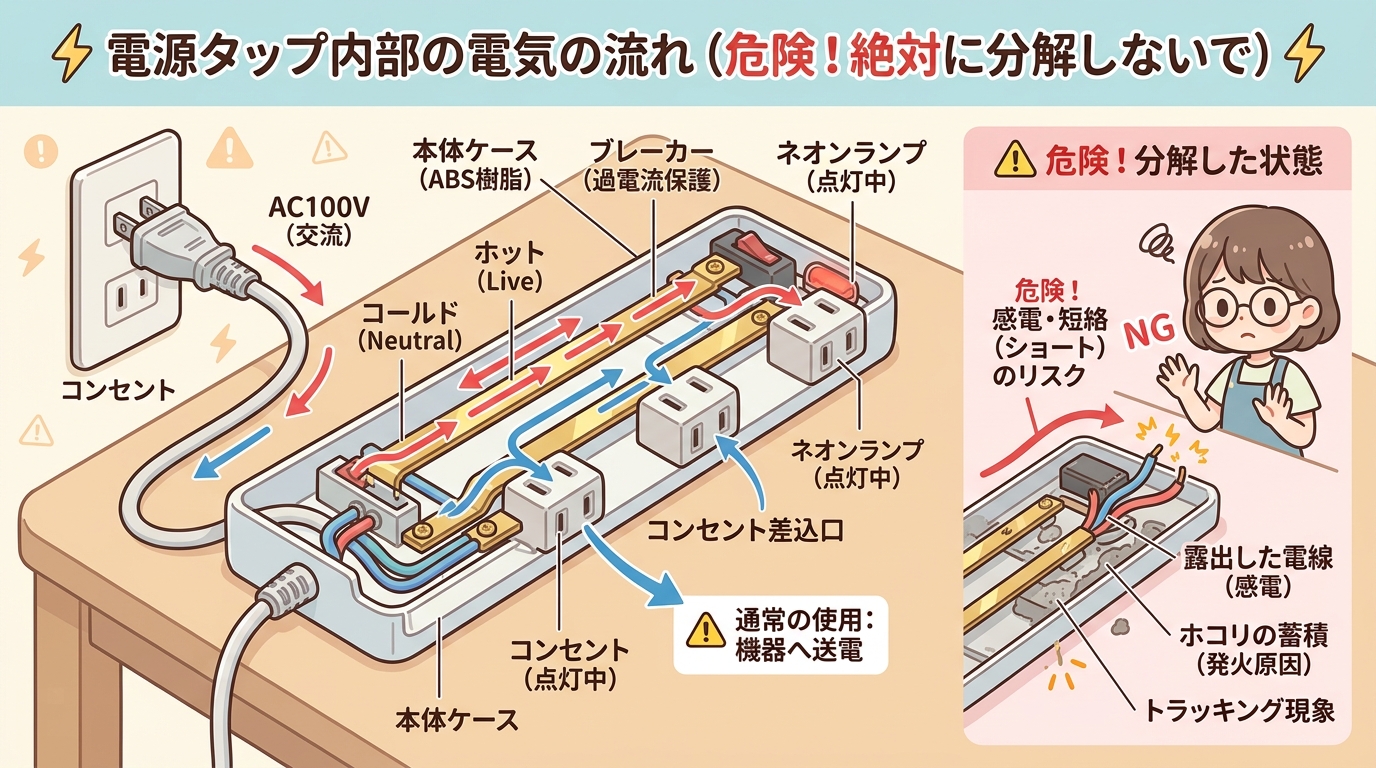 電源タップ内の電気の流れを図解した画像