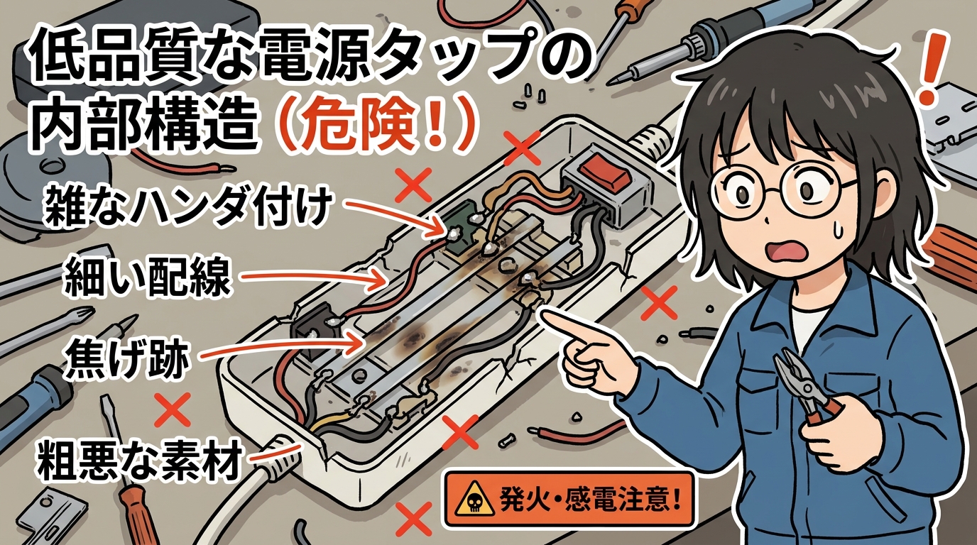 品質の低い電源タップの内部構造の画像