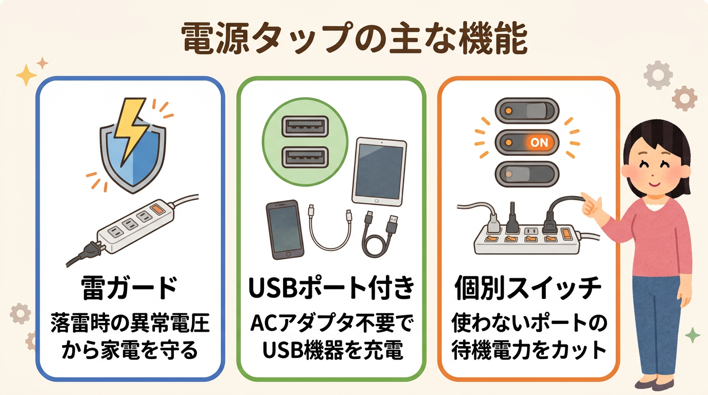 雷ガード、USBポート、個別スイッチのアイコンと説明画像