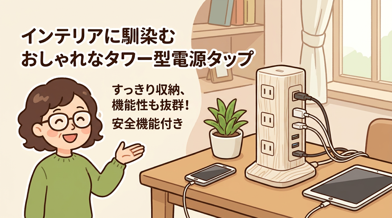 インテリアに馴染むおしゃれなタワー型電源タップの画像