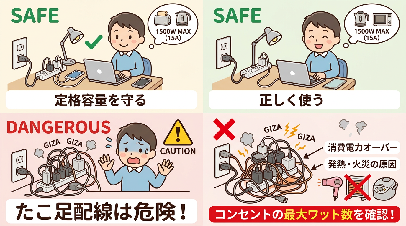 消費電力オーバーによるタコ足配線の危険性を説明する図解画像