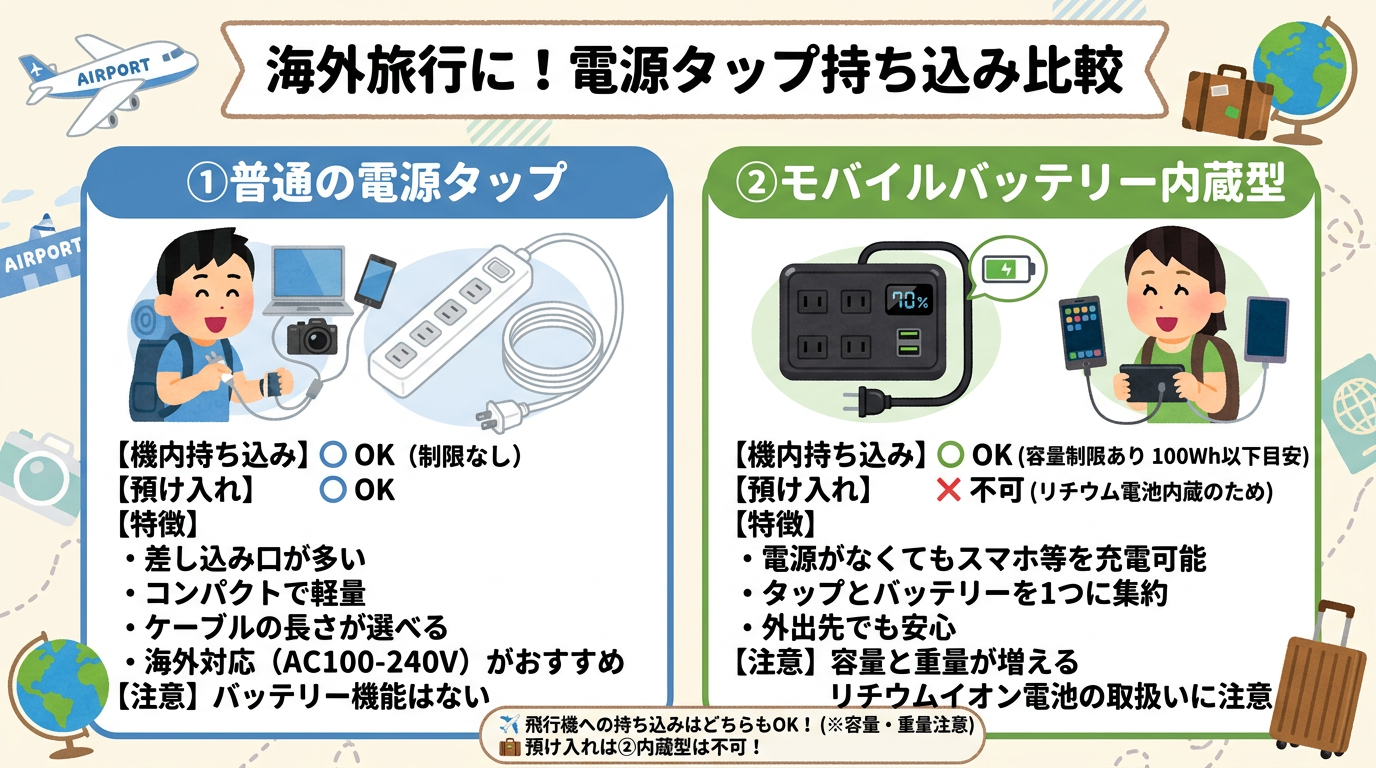 「普通の電源タップ」と「モバイルバッテリー内蔵型」の違いがわかる比較
