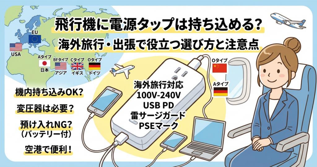 電源タップは飛行機に持ち込める？海外旅行・出張で役立つ選び方と注意点