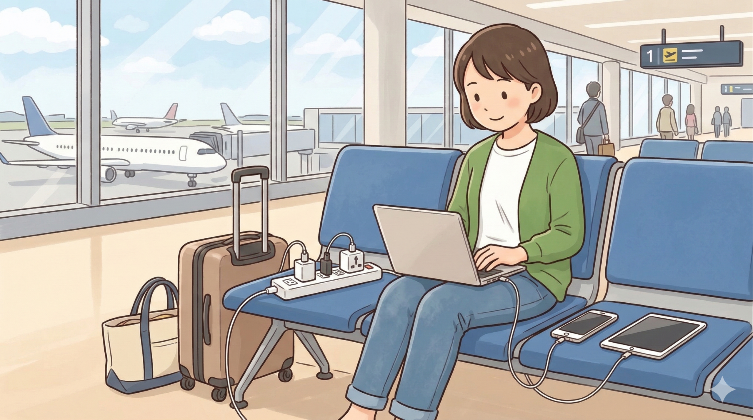 空港のベンチで電源タップを使っている様子」の画像挿入