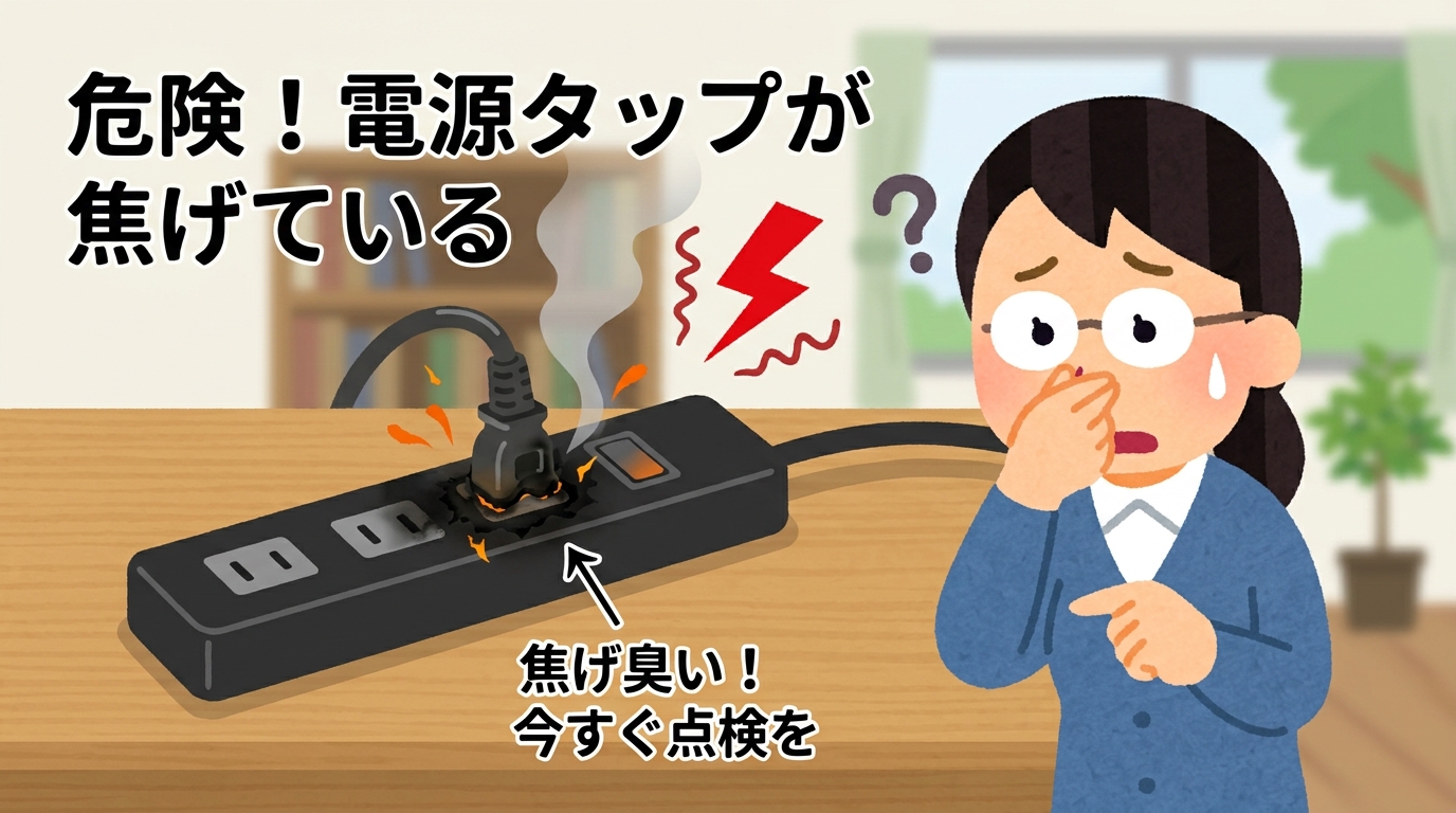焦げた電源タップや焦げ臭さを感じているイラストの画像