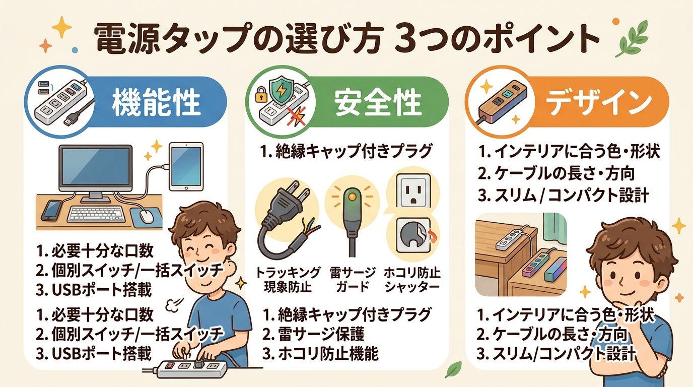 電源タップの選び方のポイントを示すイメージ画像