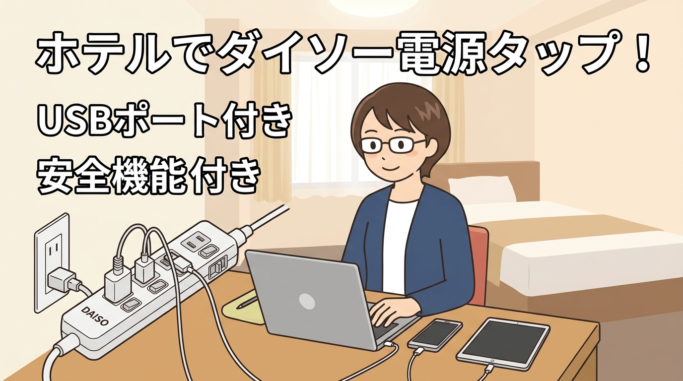 出張先のホテルでダイソーの電源タップを使用しているイメージ画像