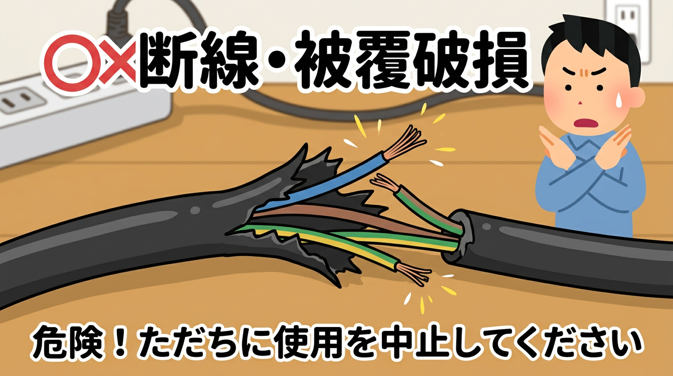断線・被覆が破れて内部が見えている電源コードの画像