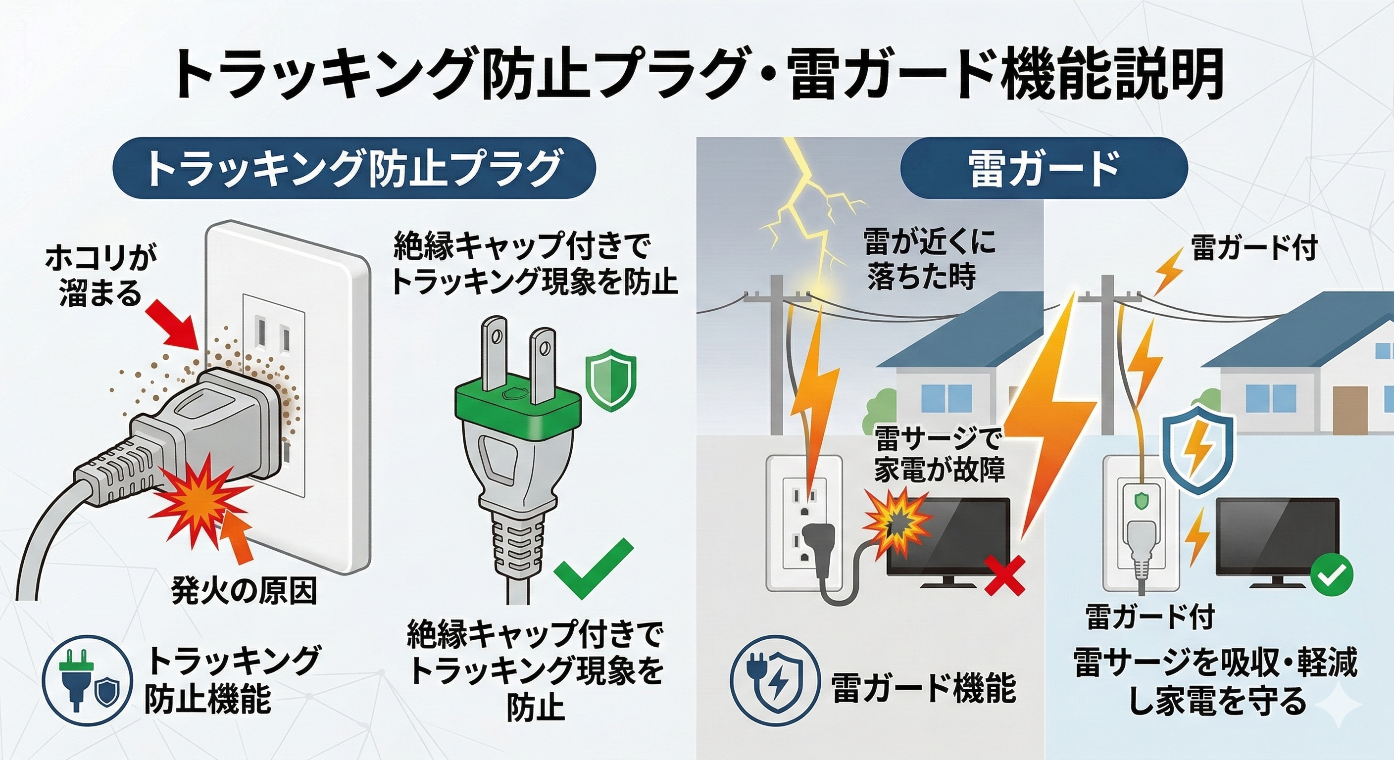 トラッキング防止プラグと雷ガードの機能説明画像