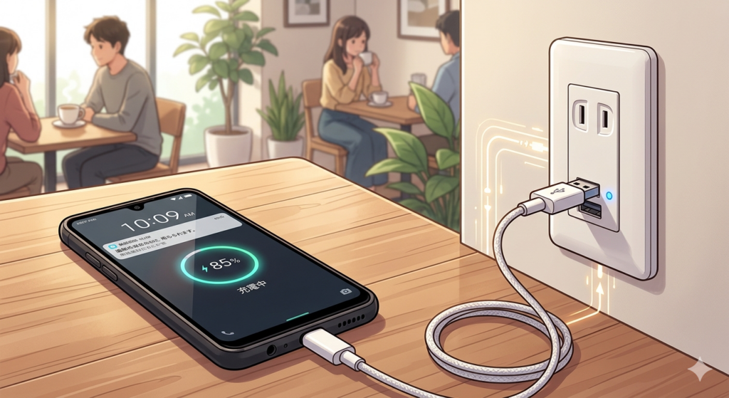 USBポートに直接ケーブルを挿してスマホを充電している