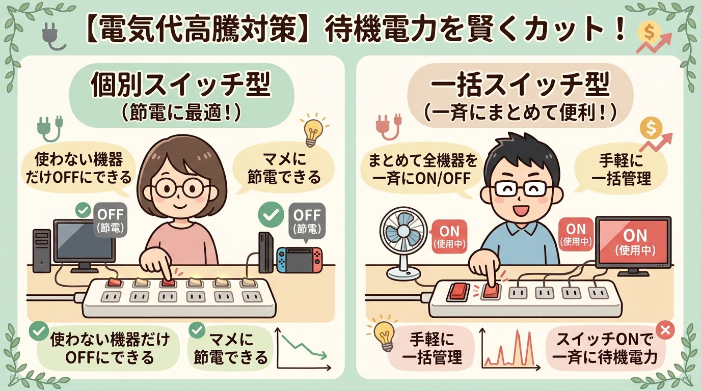 個別スイッチ型と一括スイッチ型の電源タップ比較画像