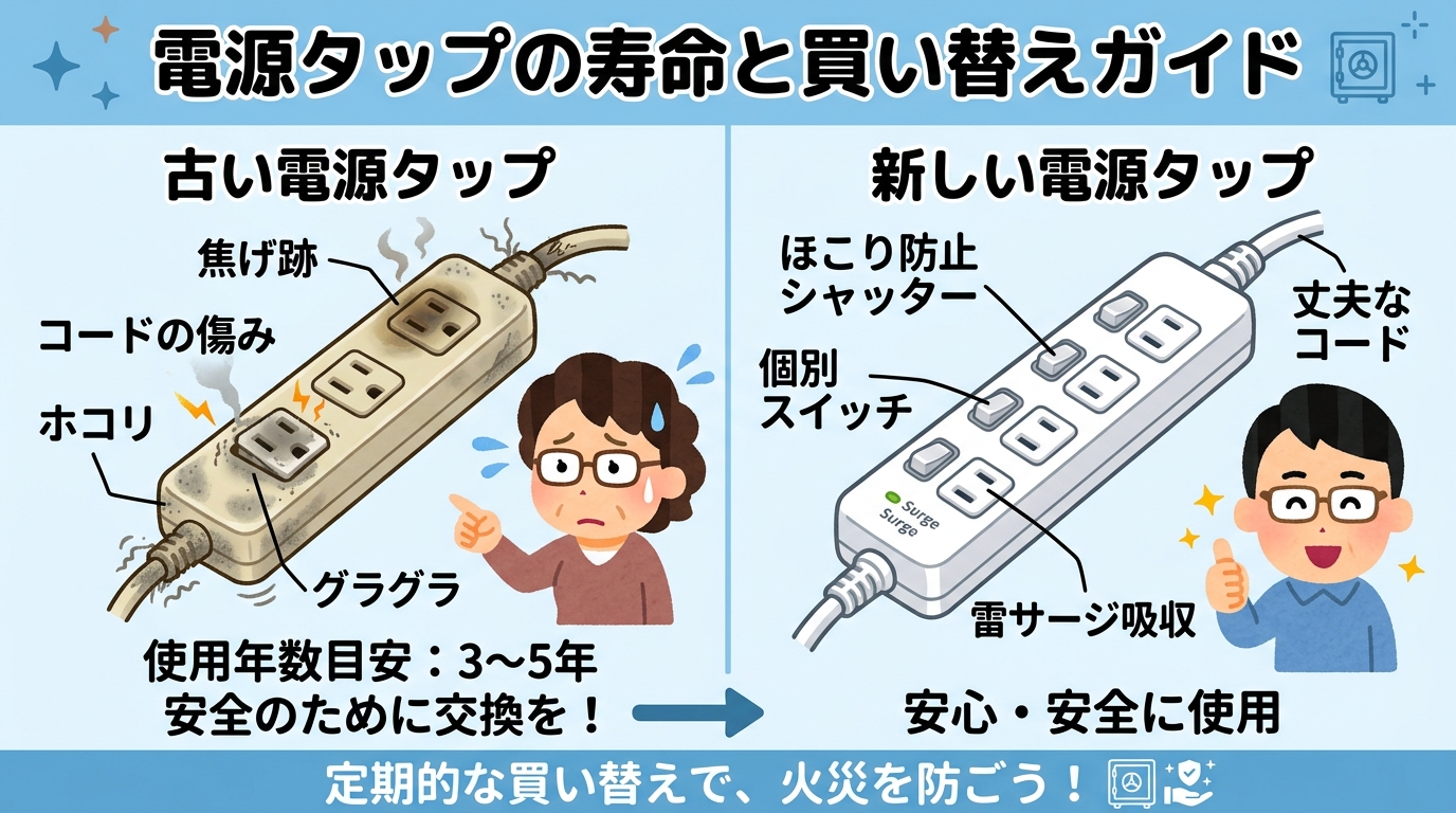 新旧の電源タップを比較している画像