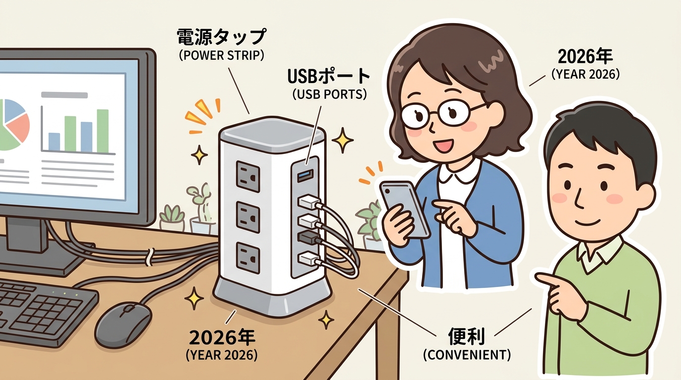 多数のポートを備えたタワー型電源タップの画像