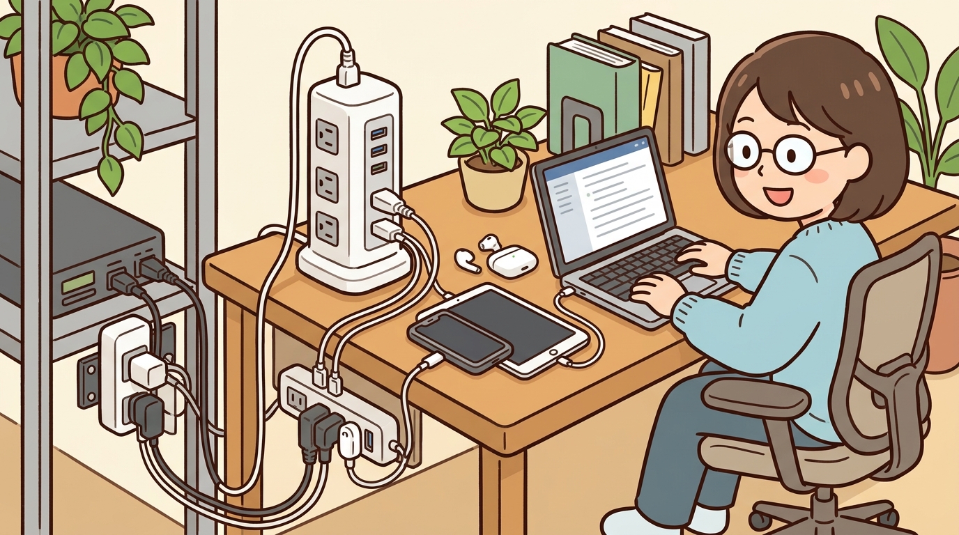 タワー型やマグネット付き電源タップの利用シーン画像