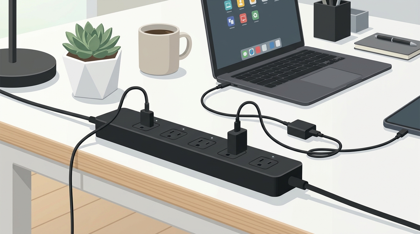 ミニマルでシンプルなデザインの電源タップの画像