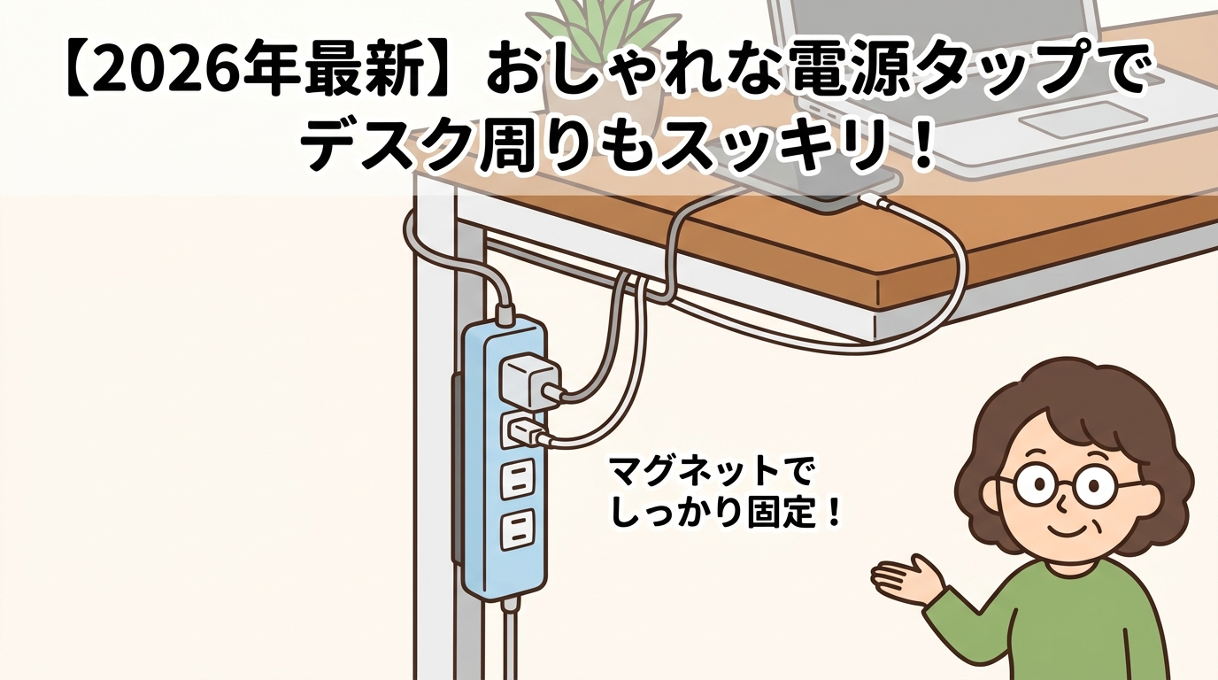 デスクの脚にマグネットで張り付いた電源タップの画像