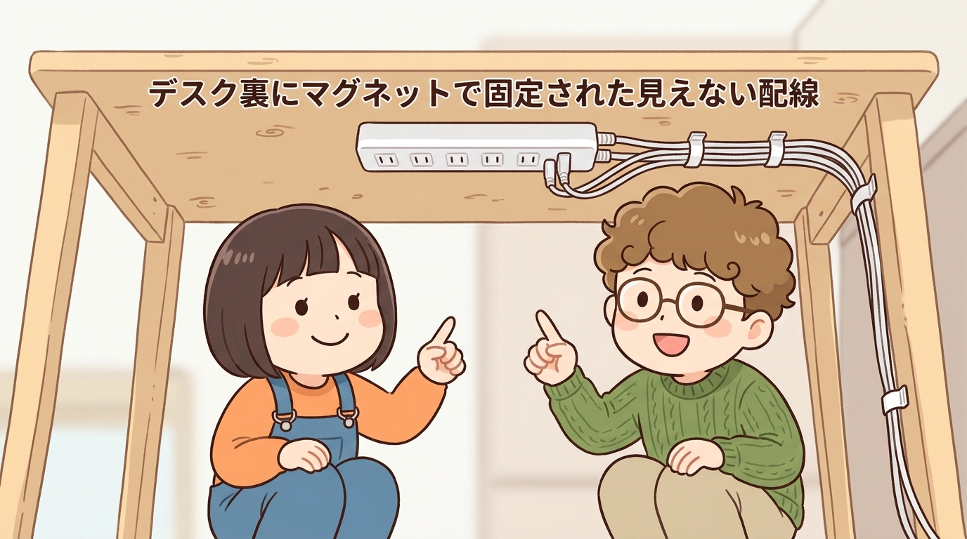 デスク裏にマグネットで固定された見えない配線の画像
