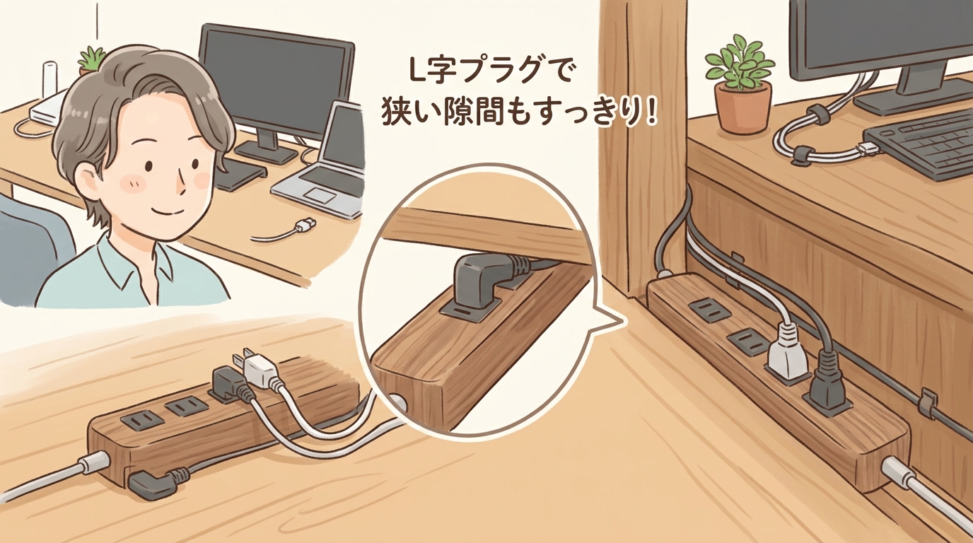 狭い隙間にL字プラグですっきりと挿さっている画像