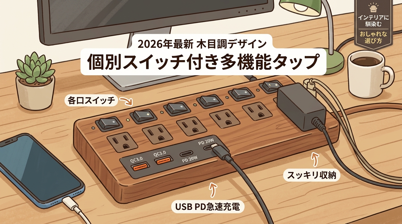 木目調でUSBポートと個別スイッチがついた多機能タップの画像