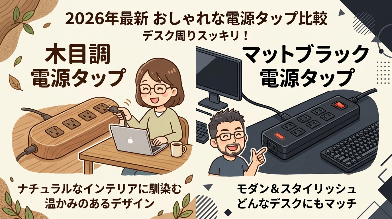 木目調とマットブラックのおしゃれな電源タップの比較画像