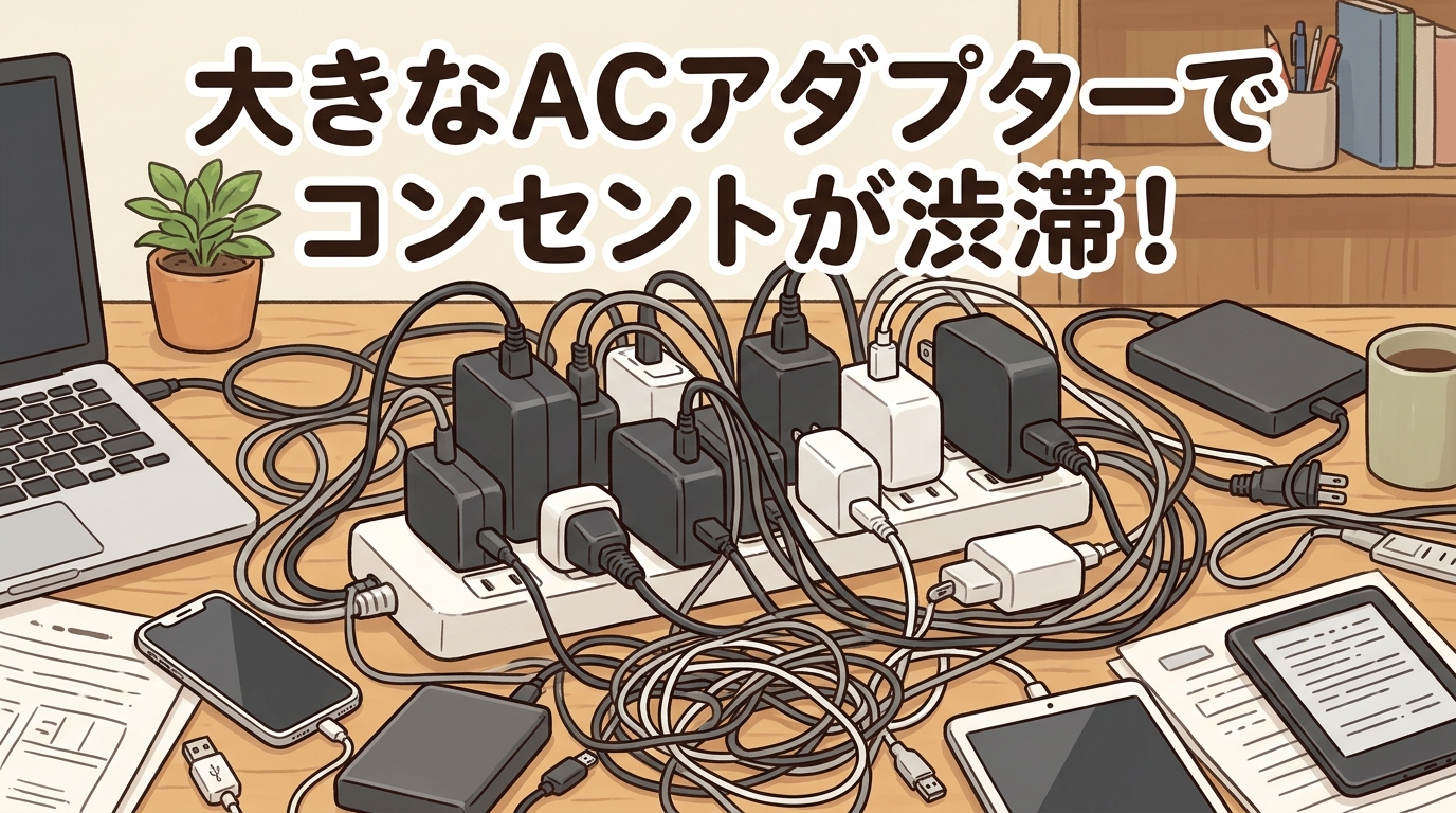 大きなACアダプターでコンセントが渋滞している画像