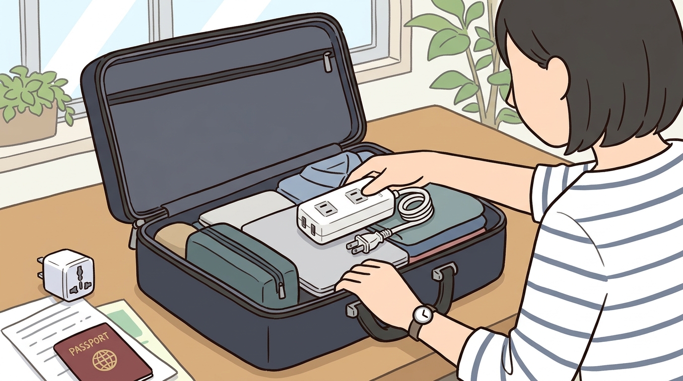 出張カバンに入ったコンパクトなモバイル電源タップの画像