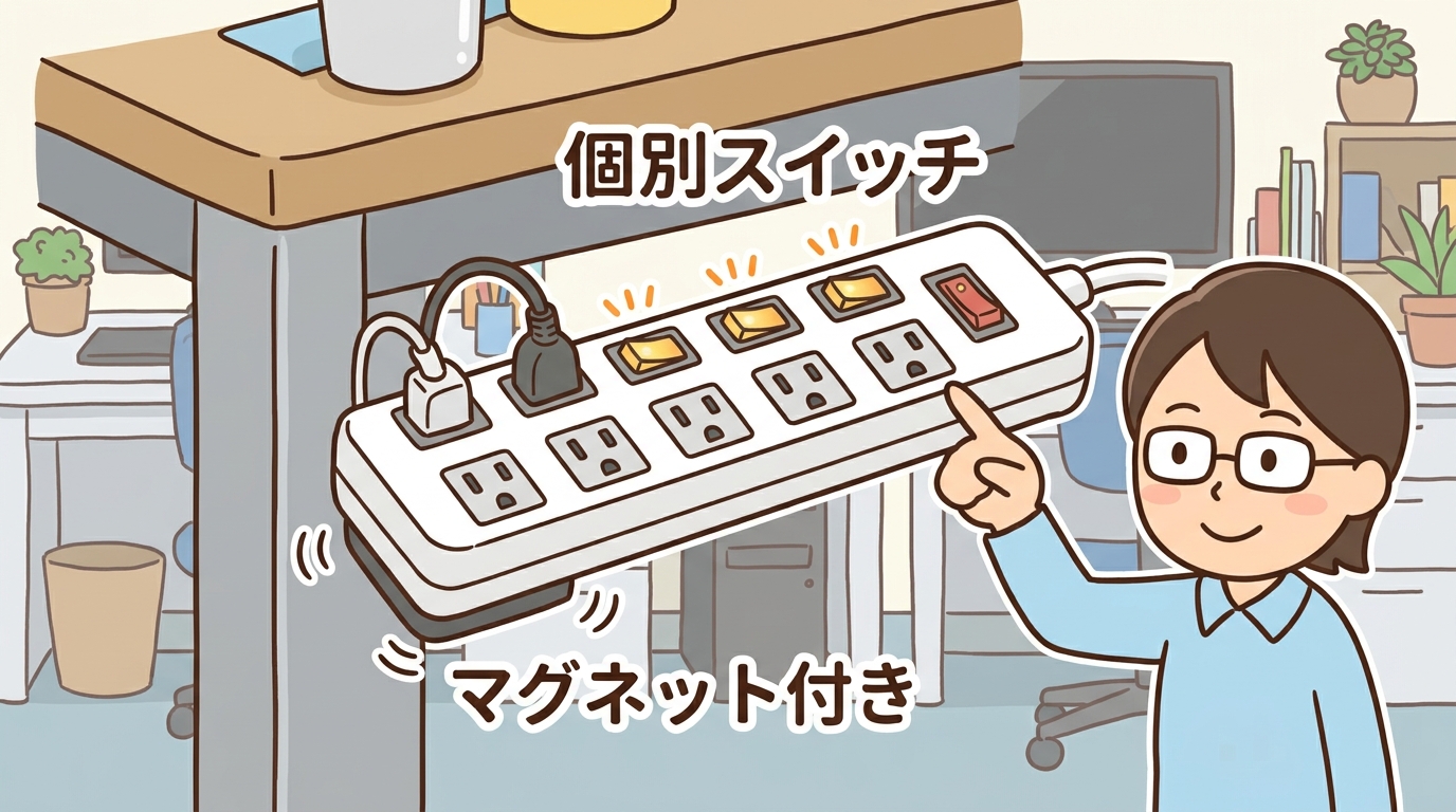 個別スイッチとマグネット機能が付いた電源タップの画像