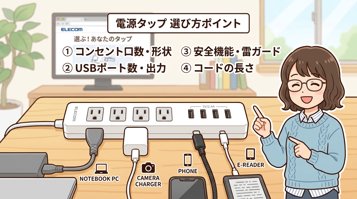 コンセントとUSBポートが並んだ電源タップの画像