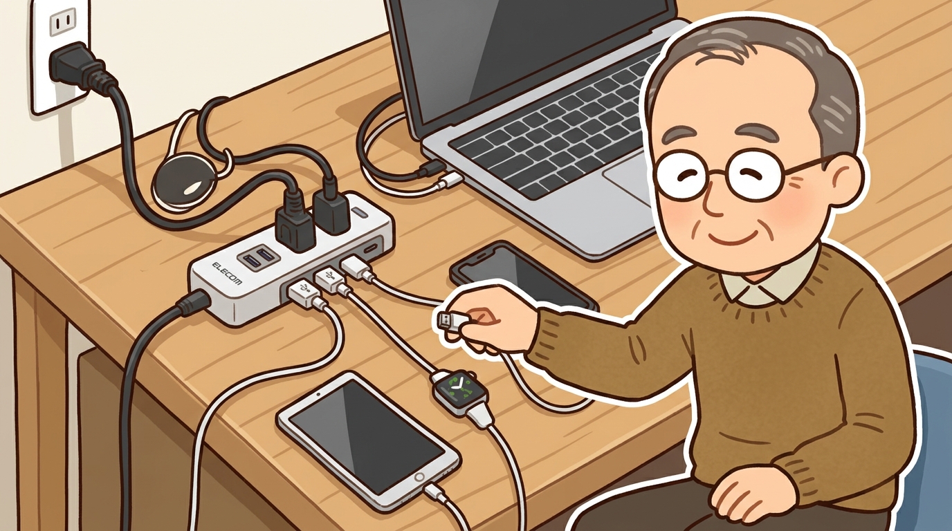 デスク上でPCやスマホを接続しているUSBポート付き電源タップの画像
