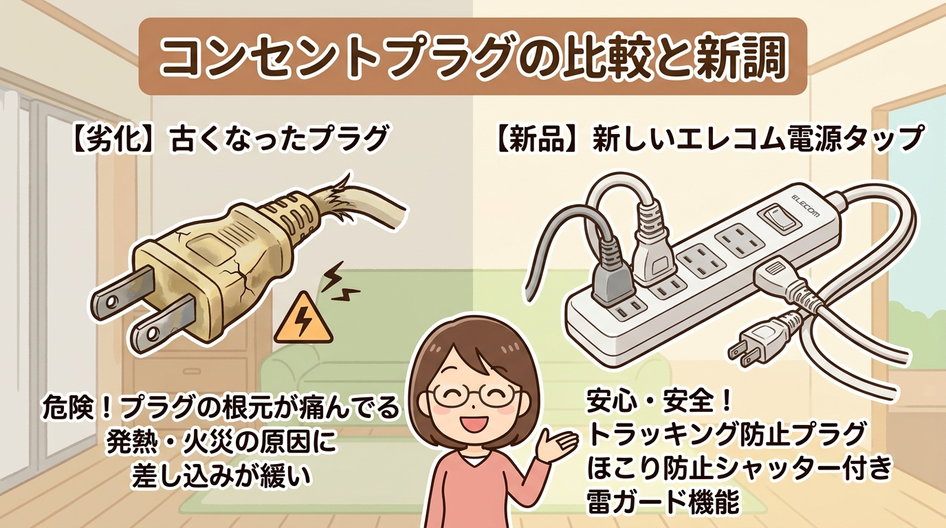 劣化したコンセントプラグと新しい電源タップの比較画像
