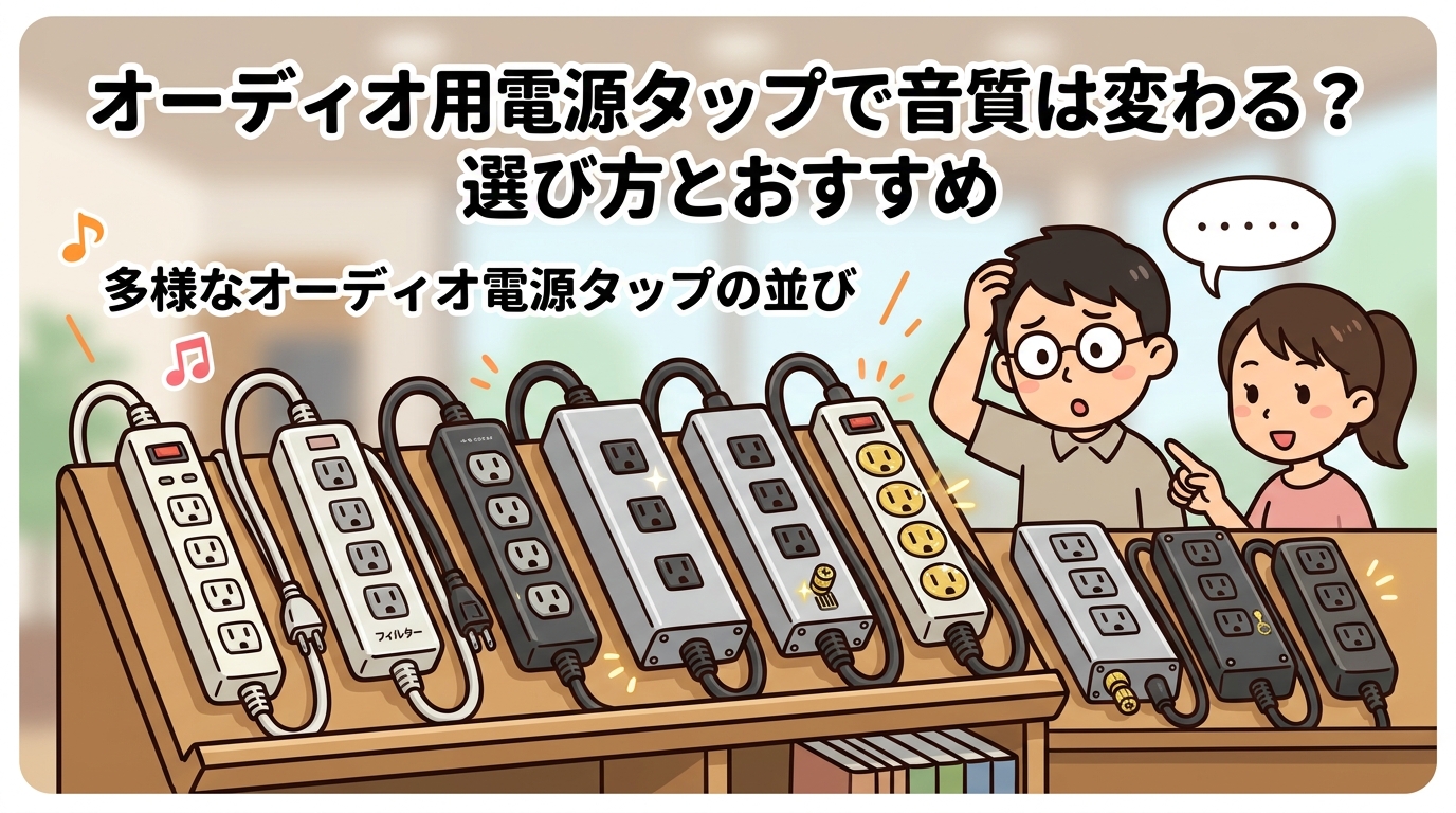 様々な種類のオーディオ用電源タップの並びの画像