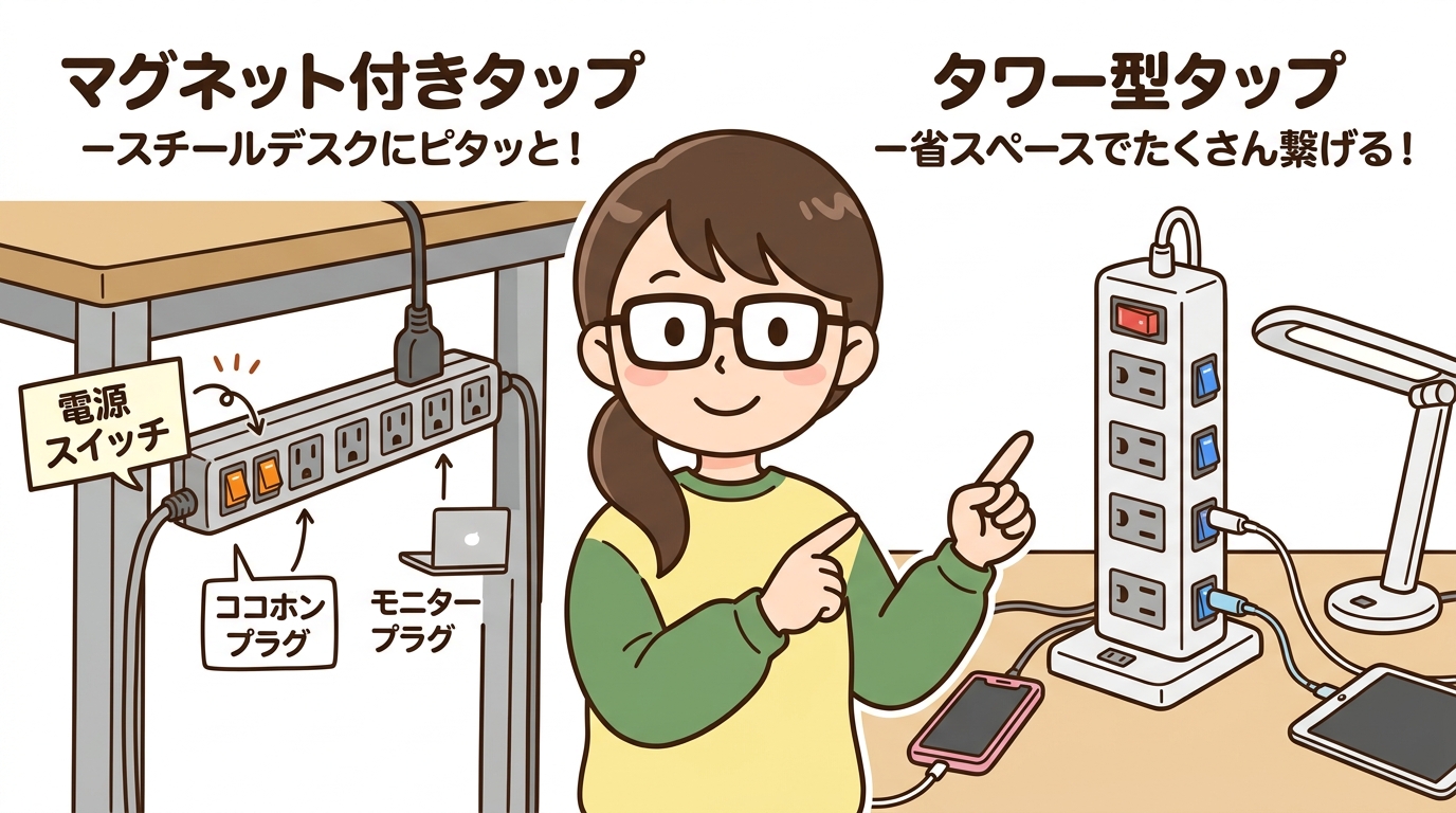 スチールデスクに張り付いたマグネット付きタップとタワー型タップの画像