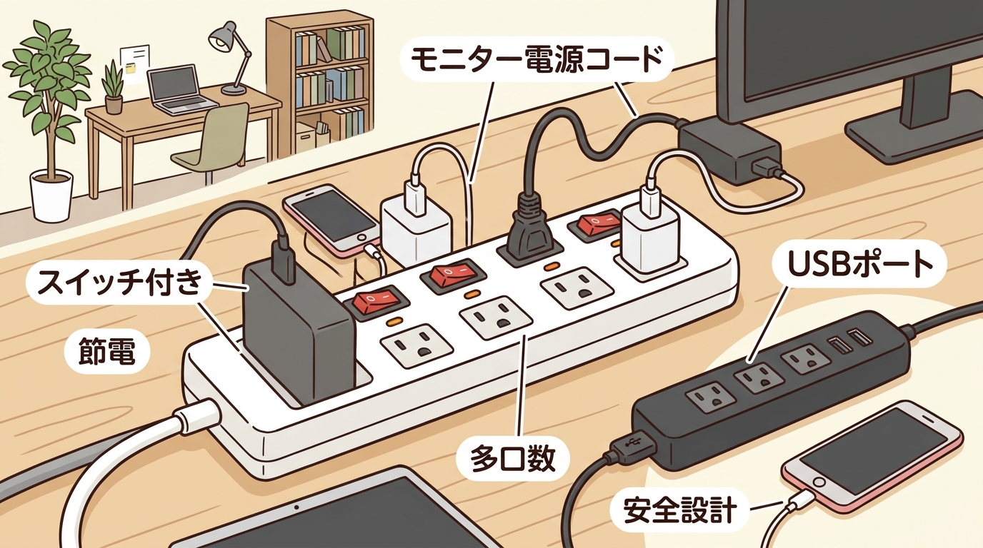 様々な口数とUSBポートを備えた電源タップの画像