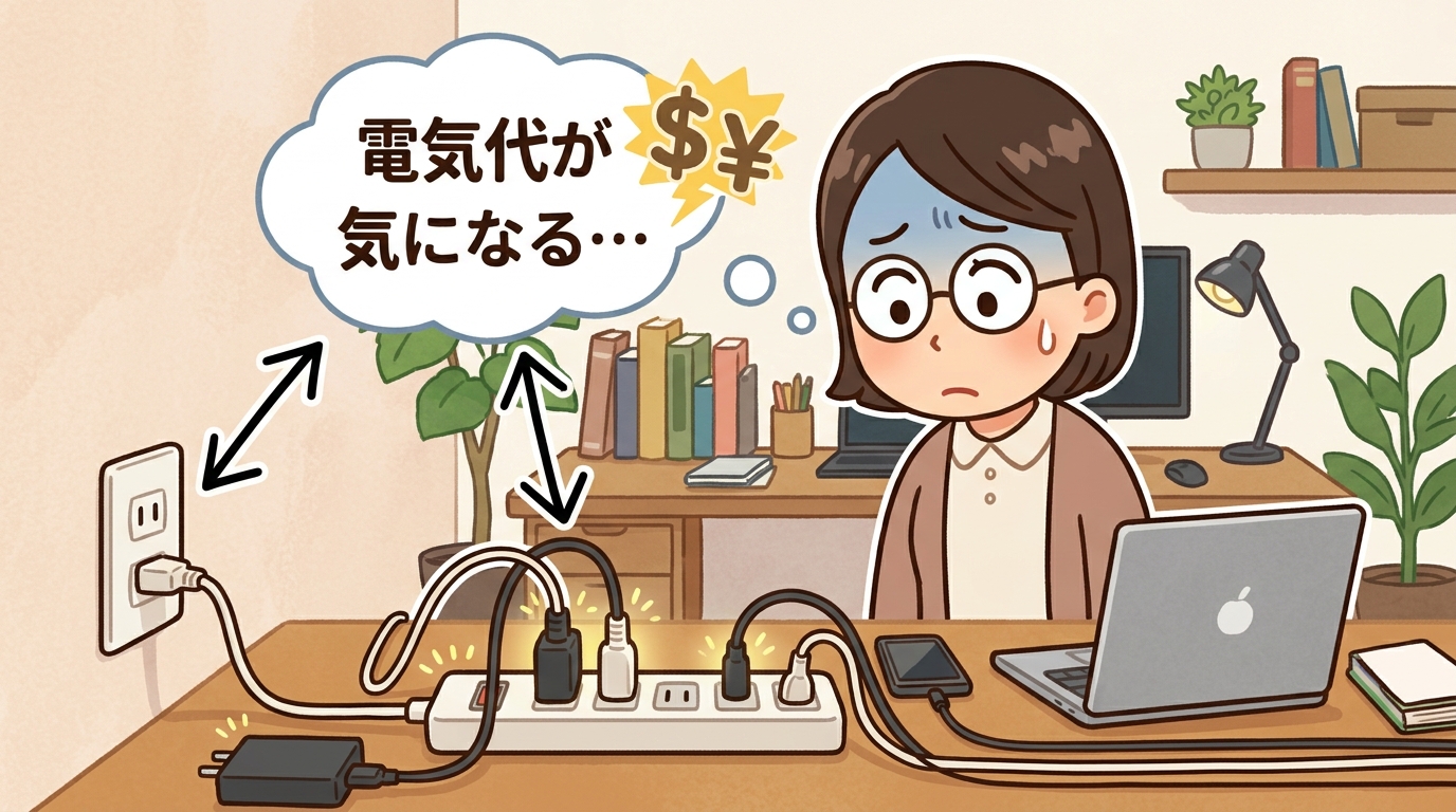 コンセントに挿さったままの家電と電気代を気にする女性の画像