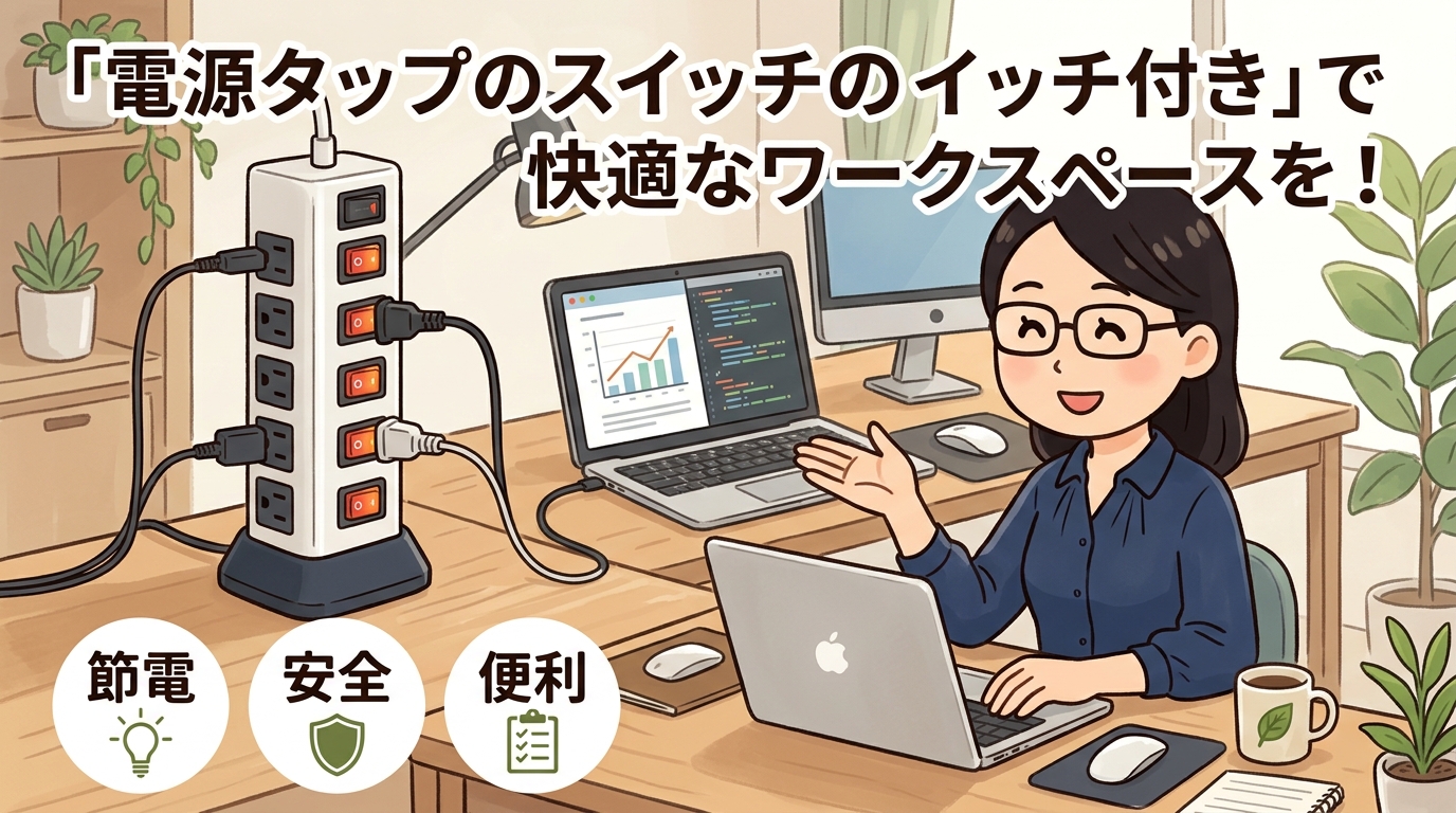 デスク上に置かれたスタイリッシュなタワー型電源タップの画像