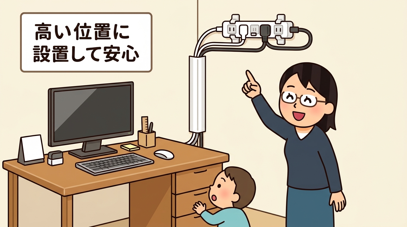 赤ちゃんやペットの手が届かない高い位置に固定された配線の画像