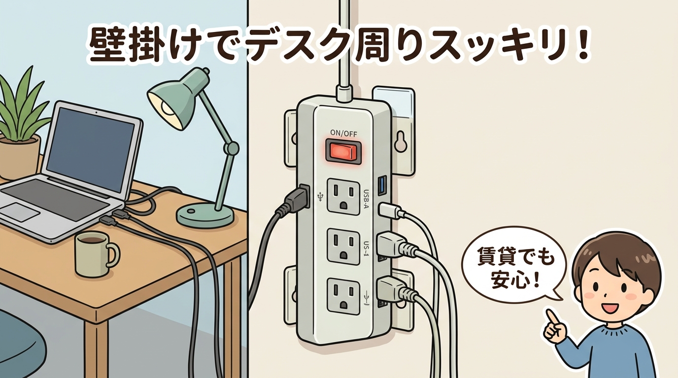 USBポートや一括スイッチがついている多機能電源タップの画像