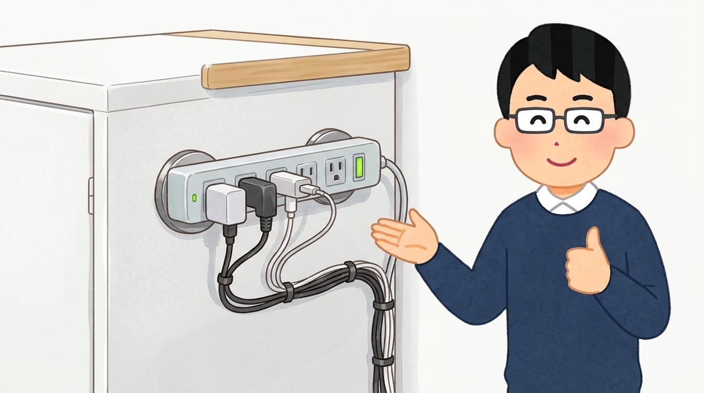 マグネット付き電源タップをスチール面にくっつけている画像