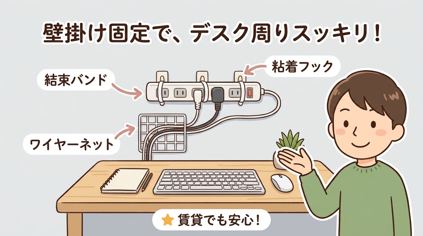 粘着フックと結束バンド・ワイヤーネットで固定している画像