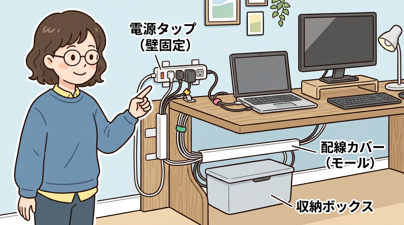 配線カバー（モール）や収納ボックスを活用している画像